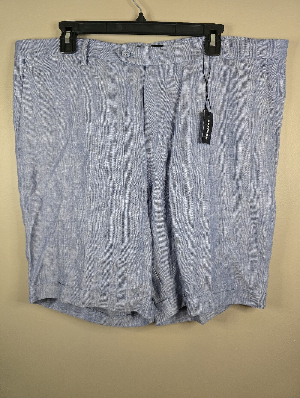 Mens Express Slim 100% Linen Shorts Blue White Stripe 8" Inseam Size 38